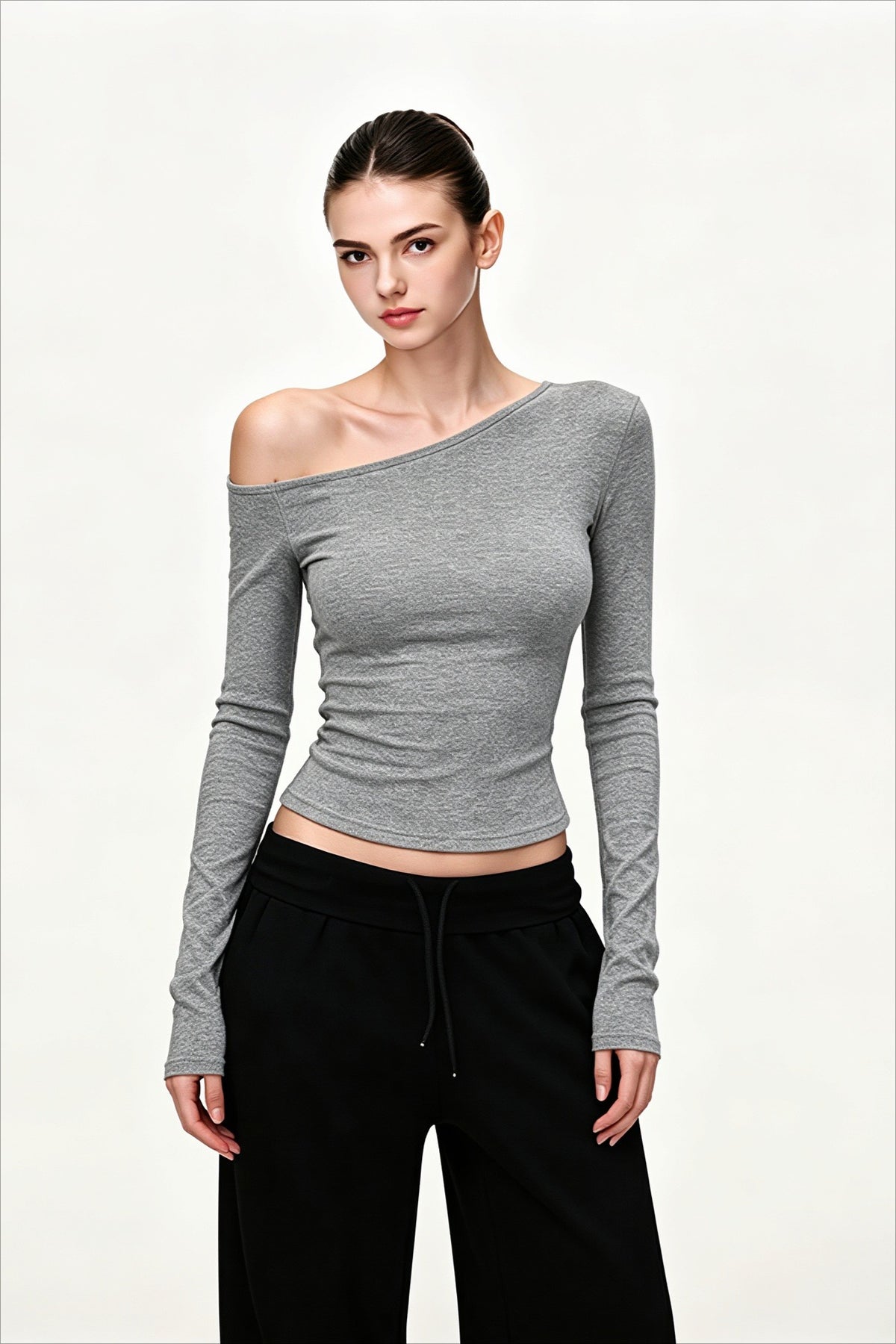 Asymmetric Neck Ribbed Crop Long Sleeved T-shirts