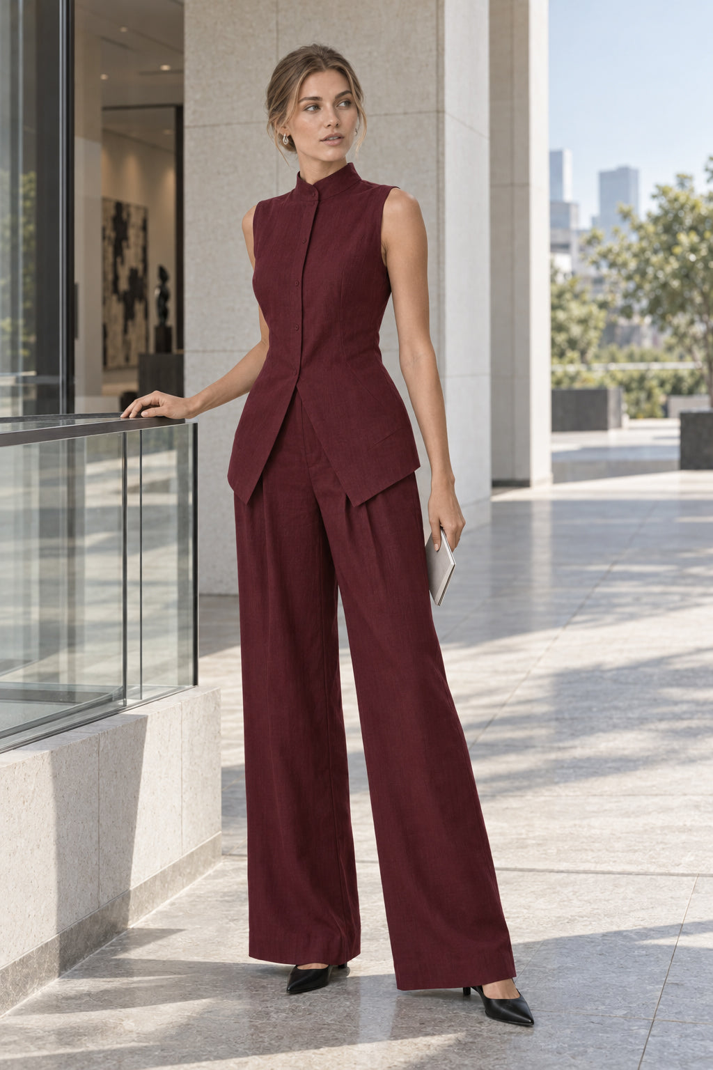 Drape Sleeveless Shirt Elegant Two Piece Work Set