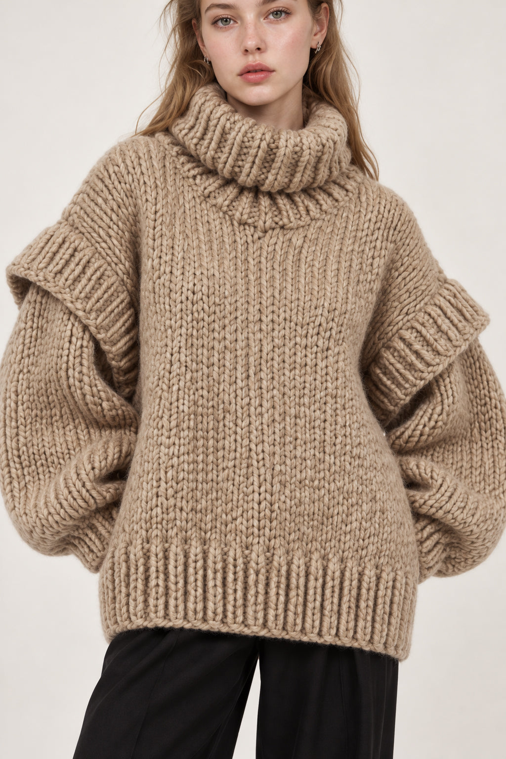 Solid Patchwork Chunky Fluffy Turtleneck Sweater