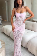 Lace Trim Sheer Ruching Fit Lace Dress