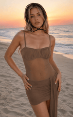 Square Neck Mesh Panel Ruched Wrap Slip Dress