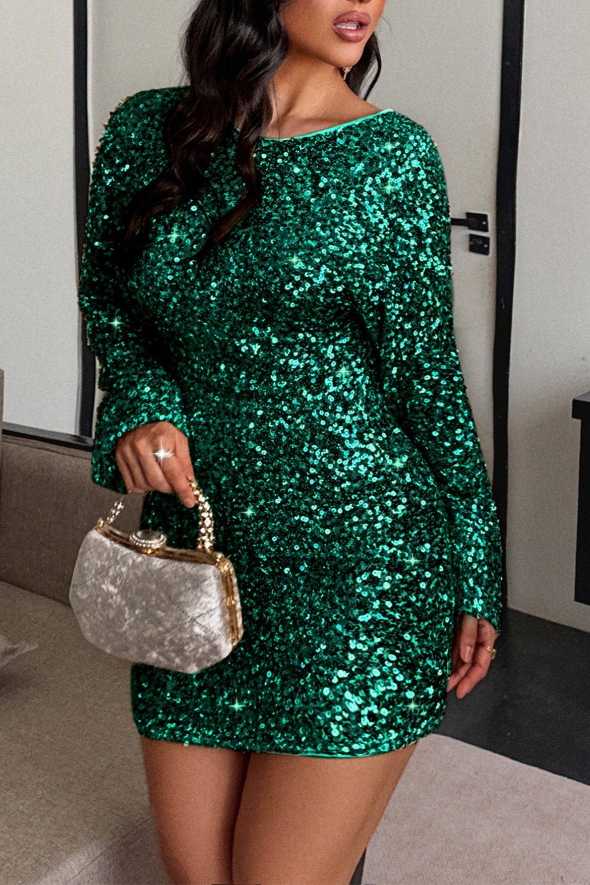 Elegant Slim Long Sleeve Sequin Dress
