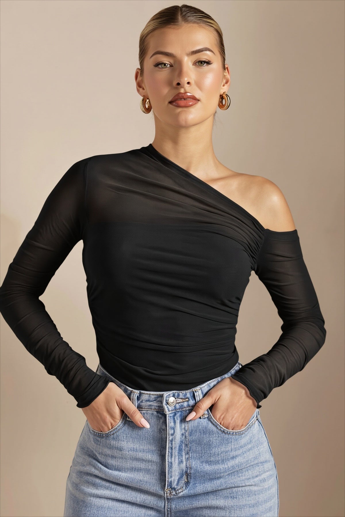 Draped Asymmetric Neck Long Sleeved T-shirts