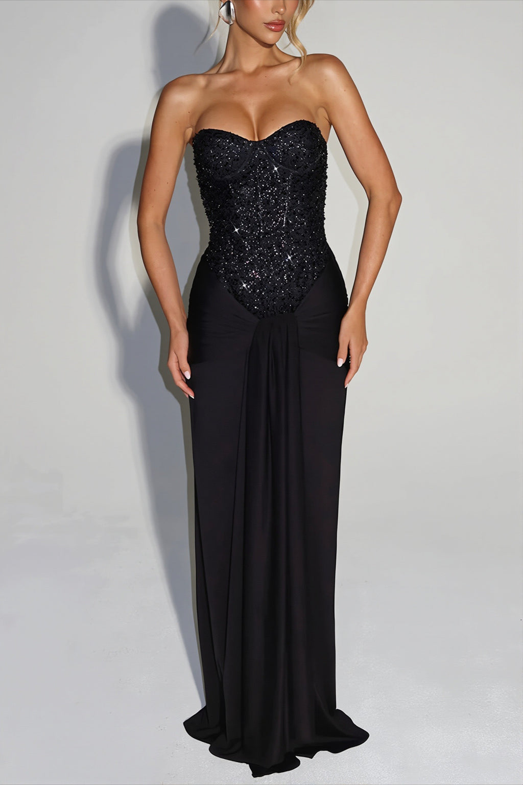 Sequin Corset Strapless Draped Party Dress