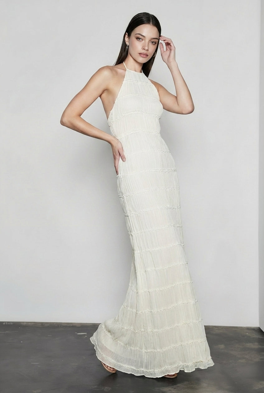 Open Back Ruched Stripe Tie Ruffle Maxi Vacation Dress Secondary image