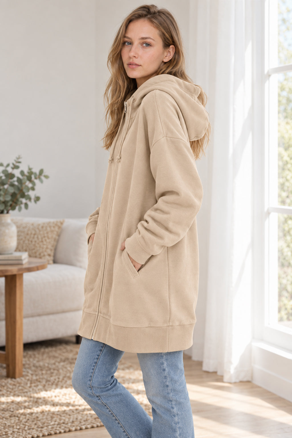 Color Hoodie Zipper Solid - Mid-length