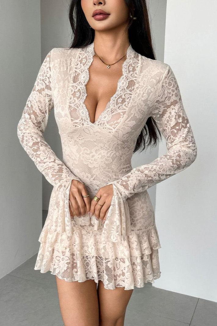 Floral Lace Plunging V Neck Ruffle Mini Dress