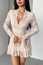 Floral Lace Plunging V Neck Ruffle Mini Dress