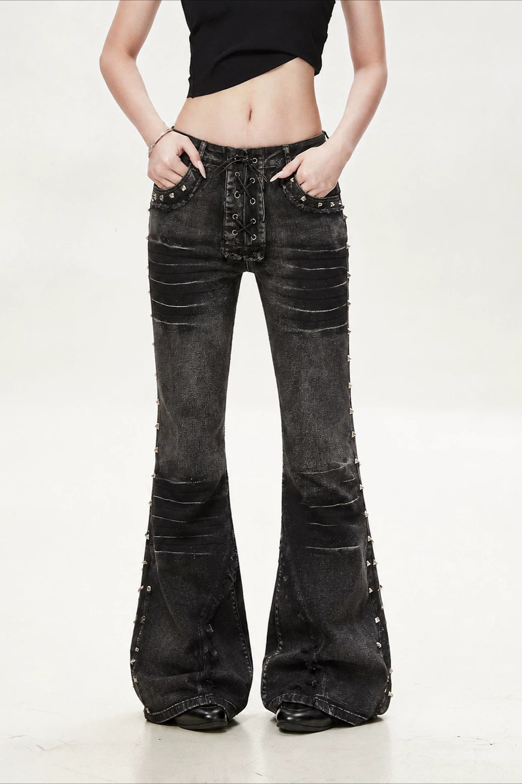 Rivet Strap Washed Utility Flare Jeans
