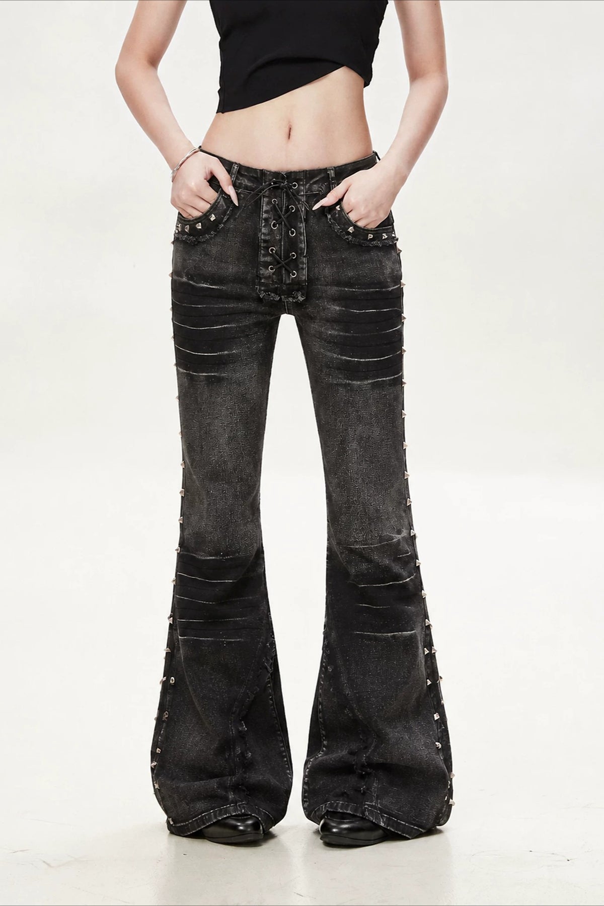 Rivet Strap Washed Utility Flare Jeans
