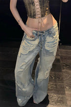 Light Wash Distressed Ripped Straight Low Rise Wide Leg Jeans
