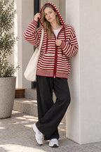 Contrasting Colors Striped Hooded Zipper Cardigan