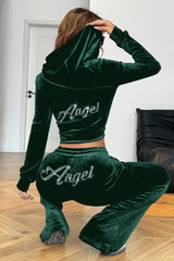 Y2K Retro Solid Loose Hooded Cardigan Two Piece Set