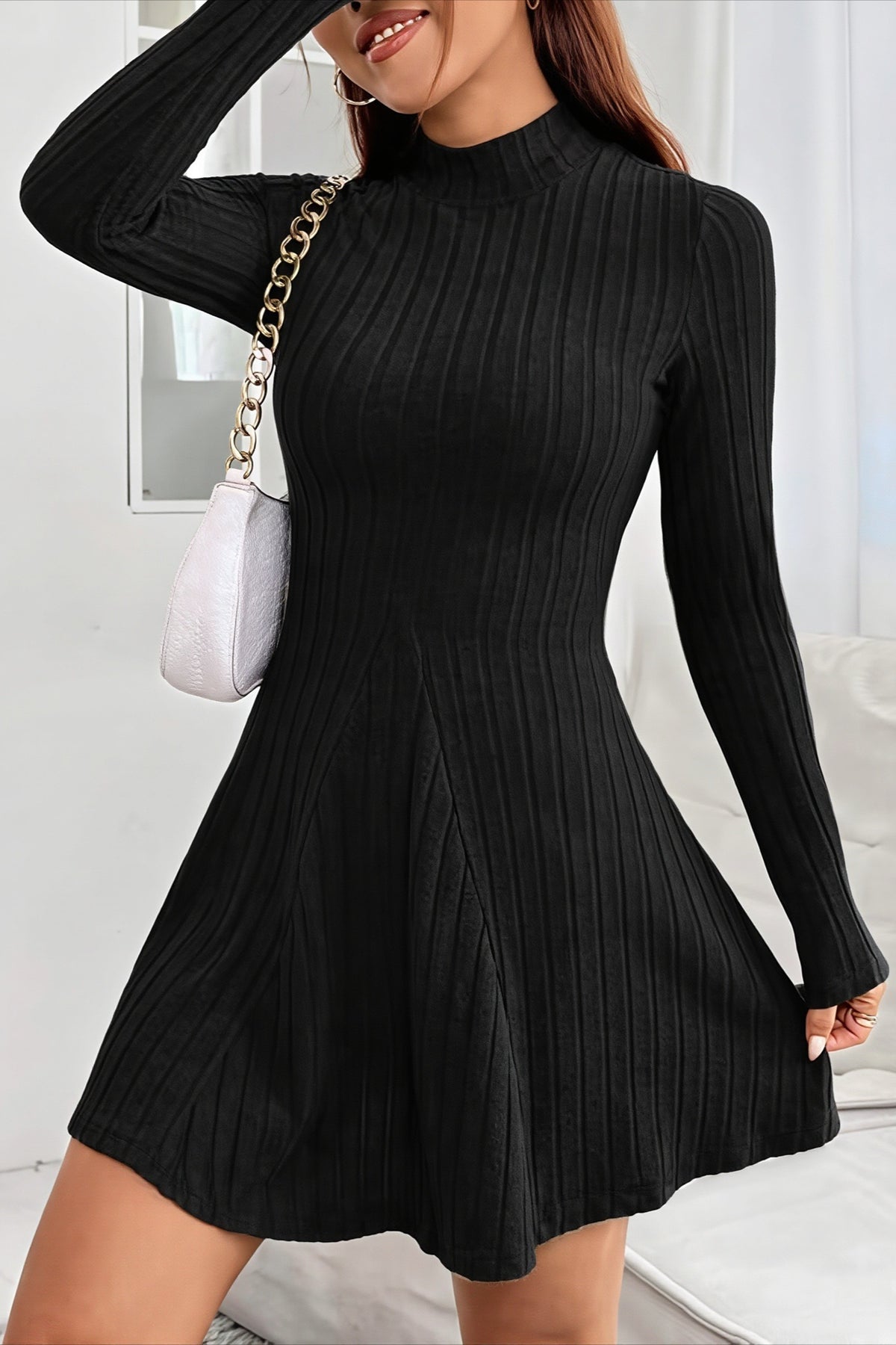 Ribbed Mock Neck Waist Cinched A-Line Work Dress