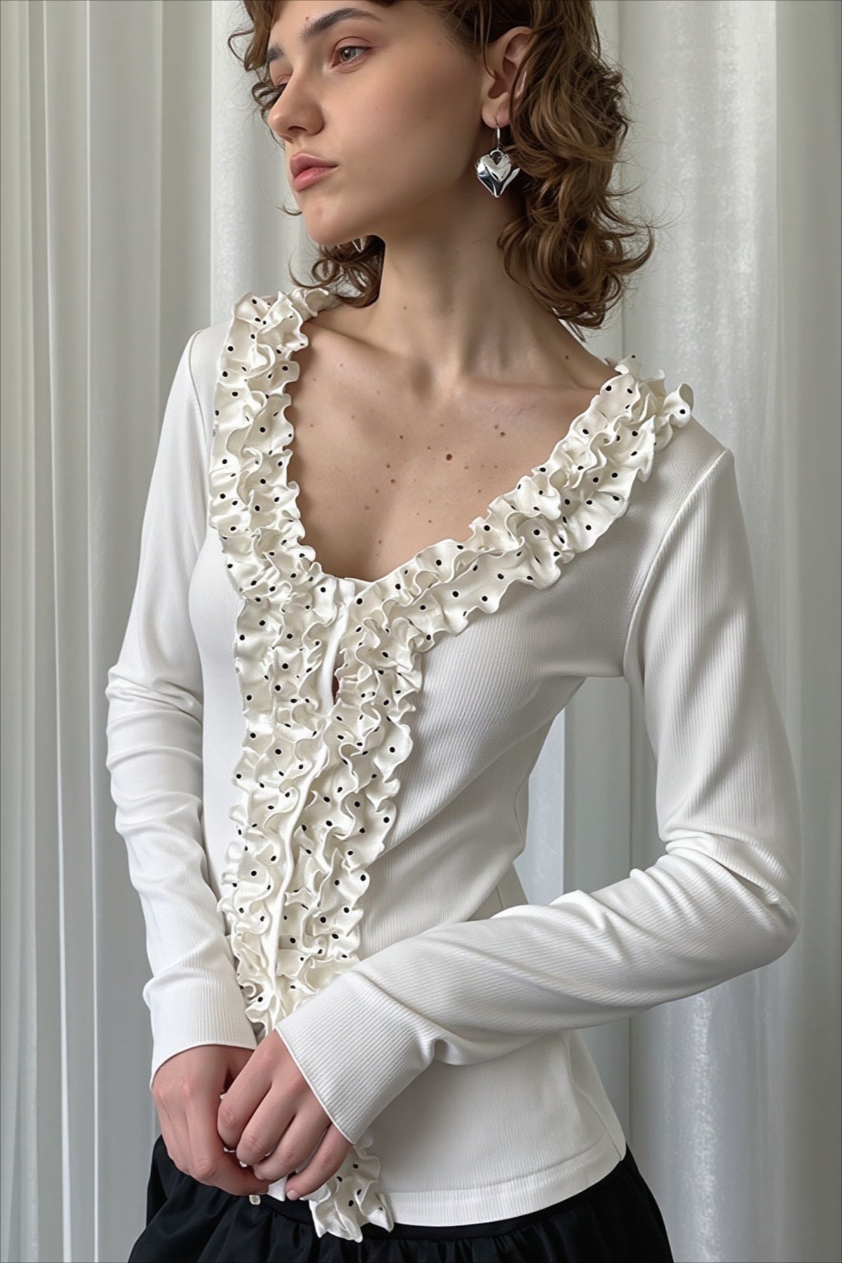 Ruffled V Neck Slim Long Sleeve T-shirts