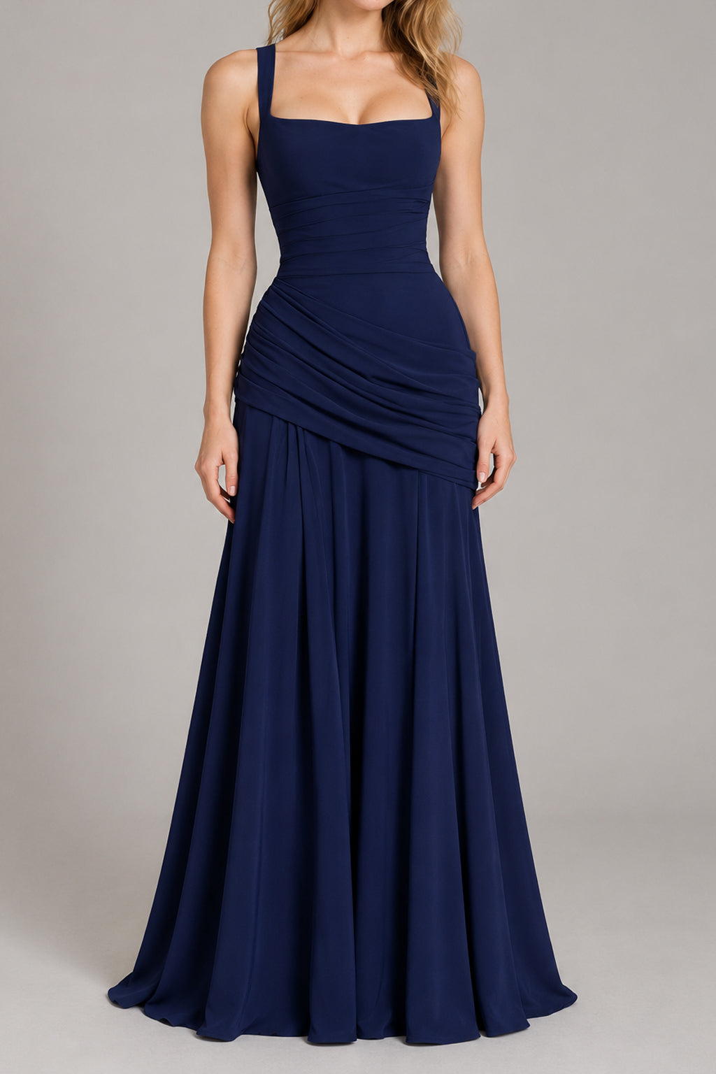 Square Neck Ruched Milk Silk Formal Dress