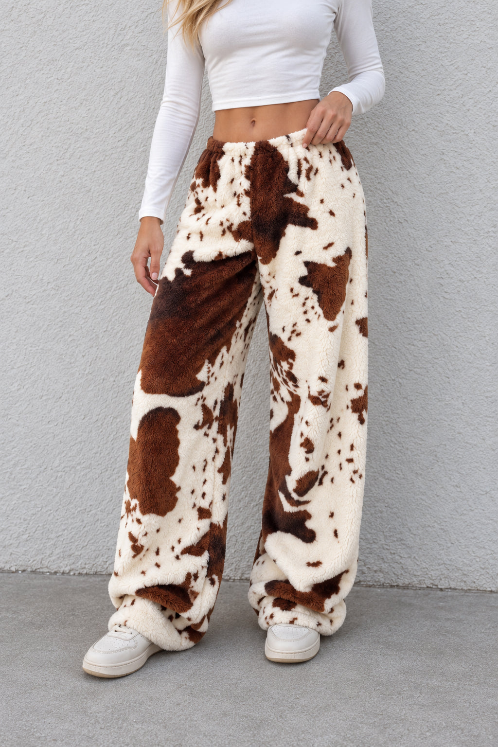 Playful Cow Print Fleece Relaxed Pants