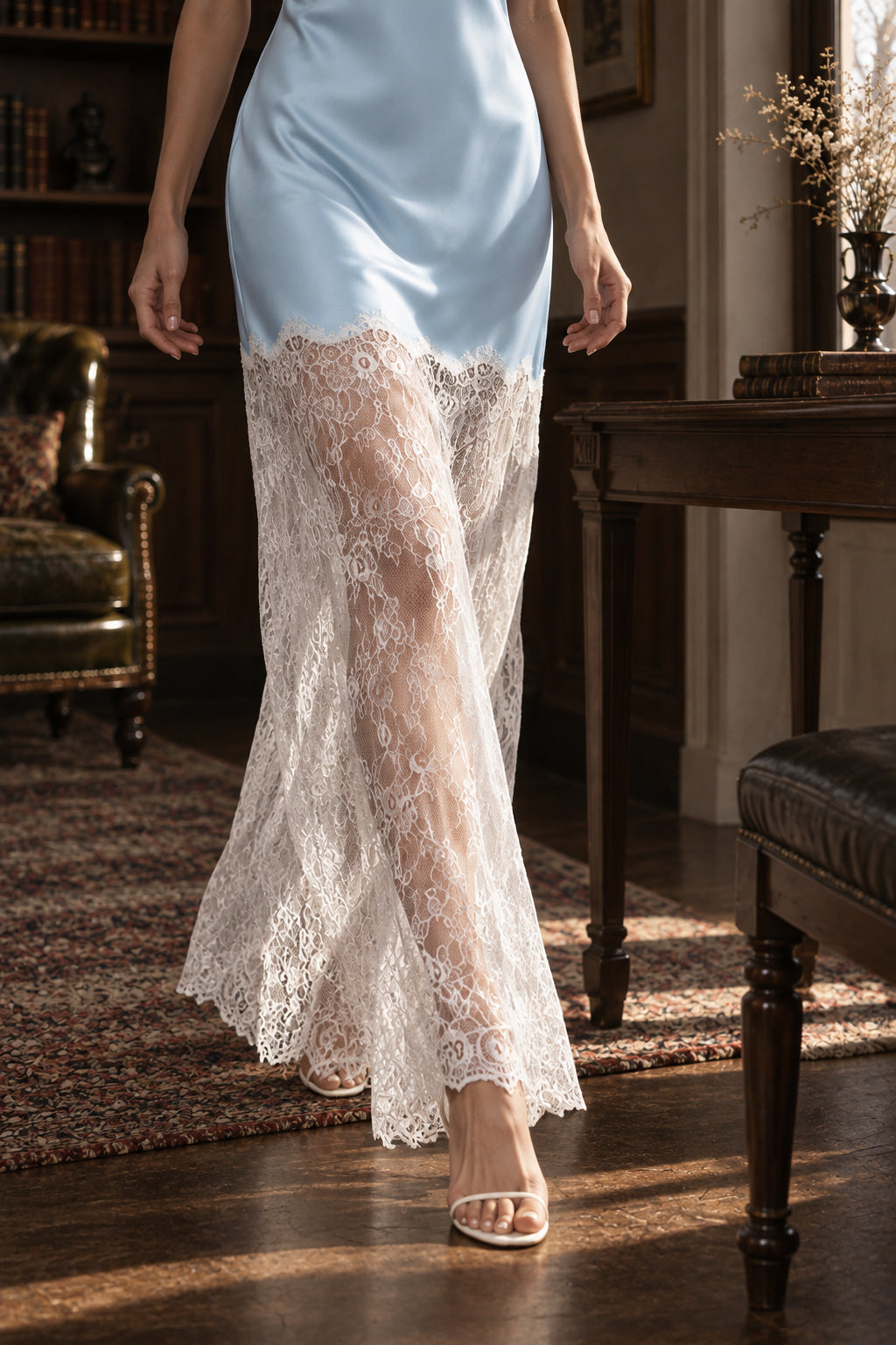 Chic Lace Trim Satin Halter Neck Slim Maxi Dress