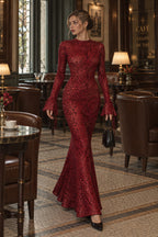 Red Leopard Print Crew Neck Backless Mermaid Maxi Dress