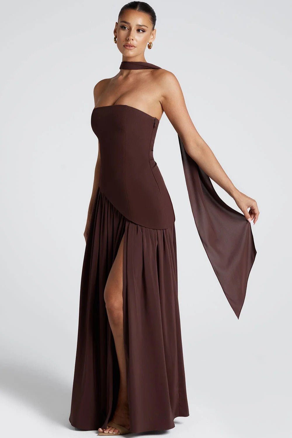 Strapless Contrast Panel High Slit Party Dress