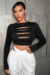Y2K Solid Cutout Fitted Long Sleeve Crop Top