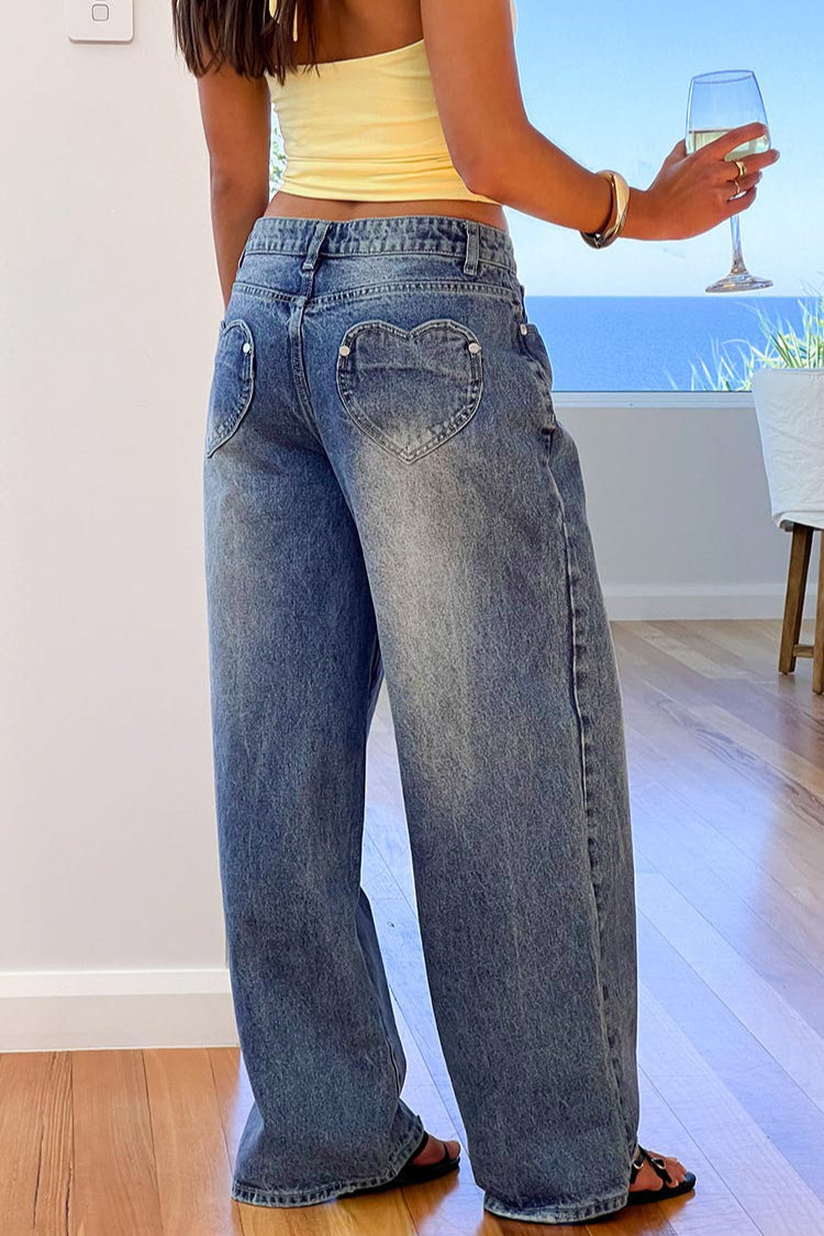 Heart Pocket Washed Loose Fit Wide Leg Jeans
