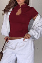 Sexy Cutout Lace Trim Fitted Crop Top
