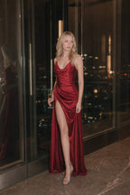 Satin Deep V Corset Slit Formal Dress