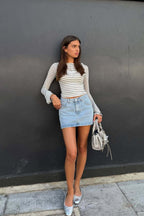 Fitted Striped Cami Ruched Button Long Sleeve Crop Top