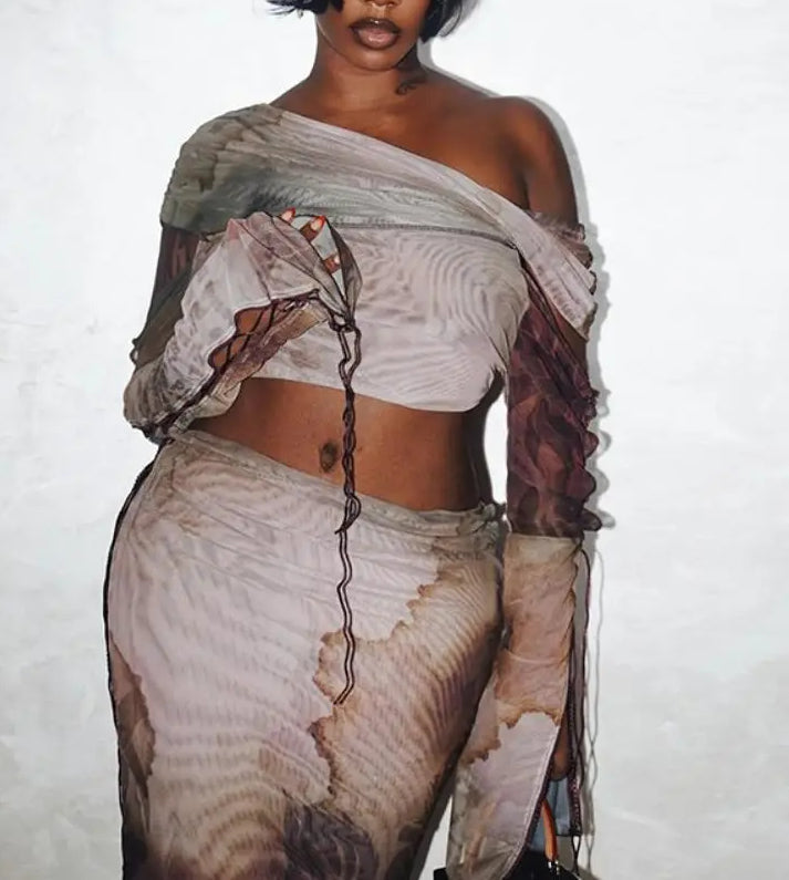 Aesthetic Print Drawstring Maxi Two Piece Skirt Set Secondary image