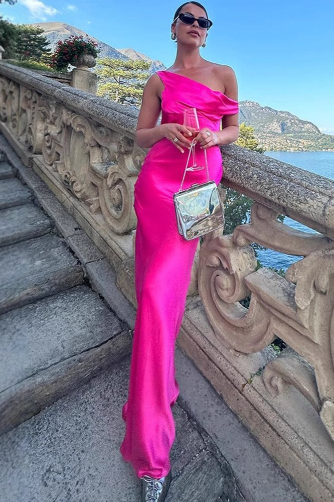 Solid Color Asymmetrical Shoulder Backless Strapless  Formal Dress