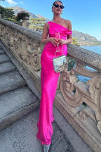Solid Color Asymmetrical Shoulder Backless Strapless  Formal Dress