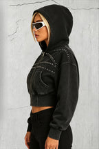 Washed Studded Zip Front Cropped Hoodie