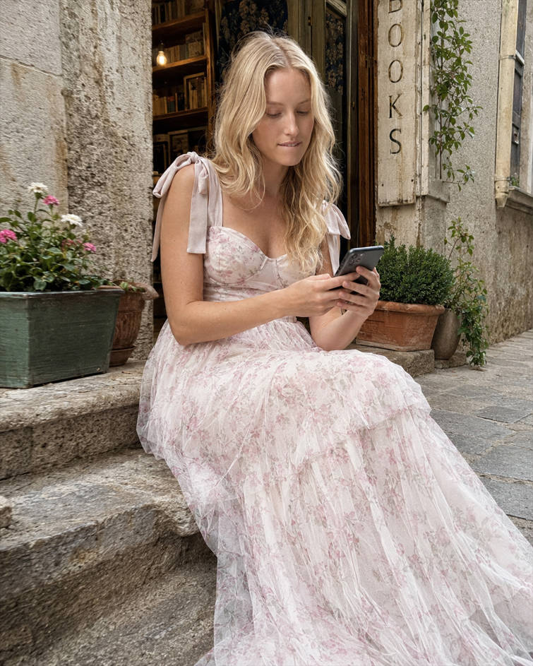 Pink Backless Strap Tiered Floral Dress Secondary image
