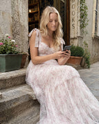 Pink Backless Strap Tiered Floral Dress