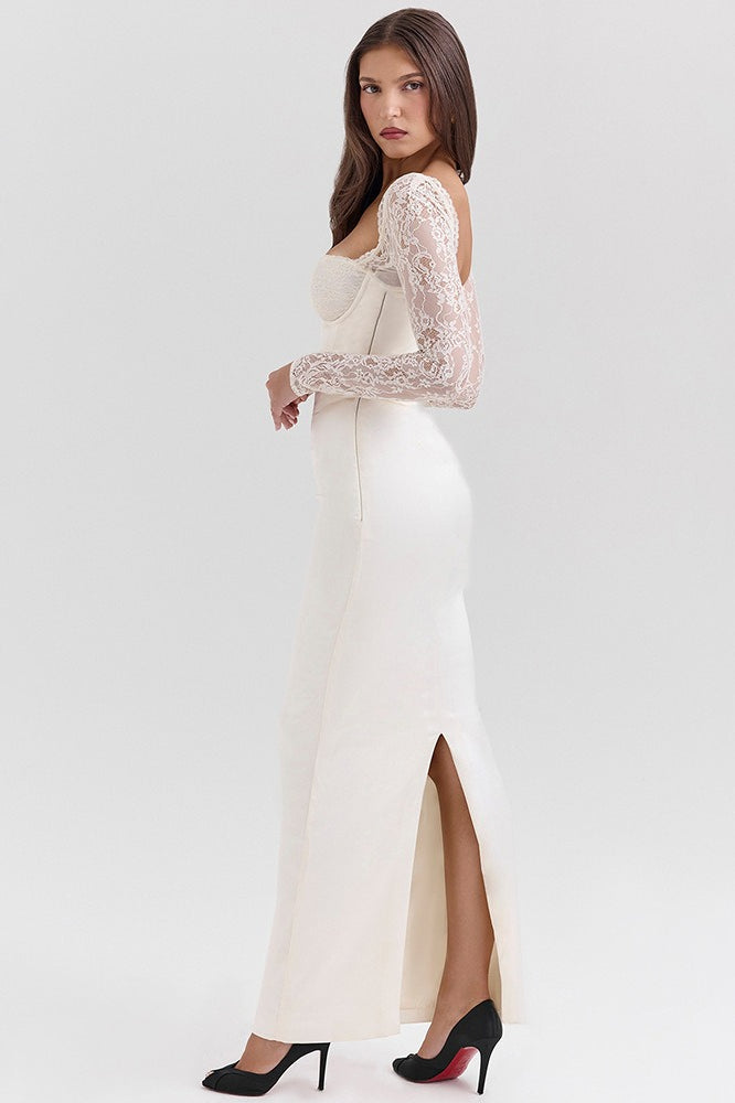 Lace Trim Satin Backless Long Sleeve Fit Lace Dress