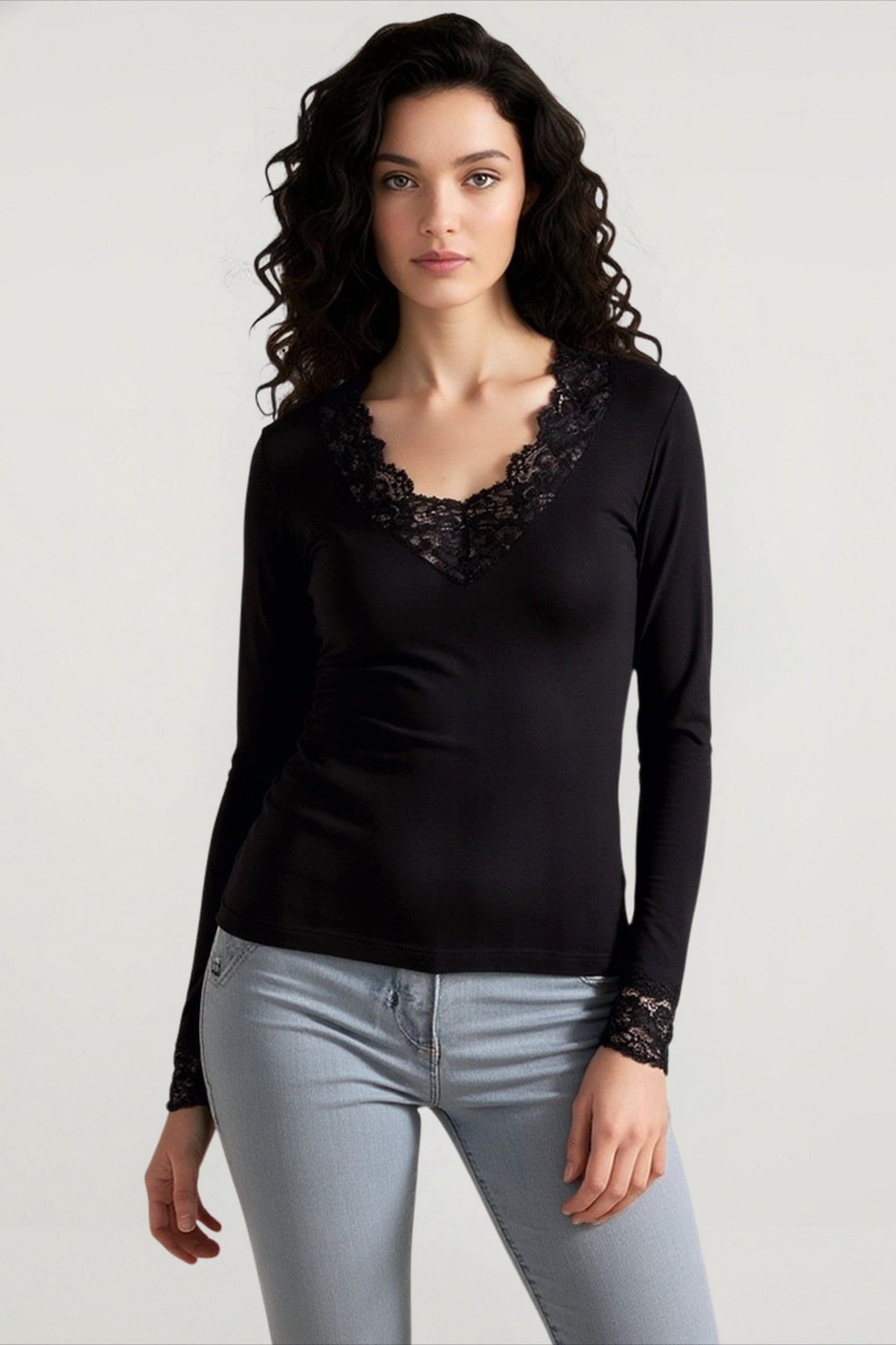 Vintage Lace Patchwork Fairy Grunge V Neck Long Sleeve Slim Fit Black T-shirts Main image