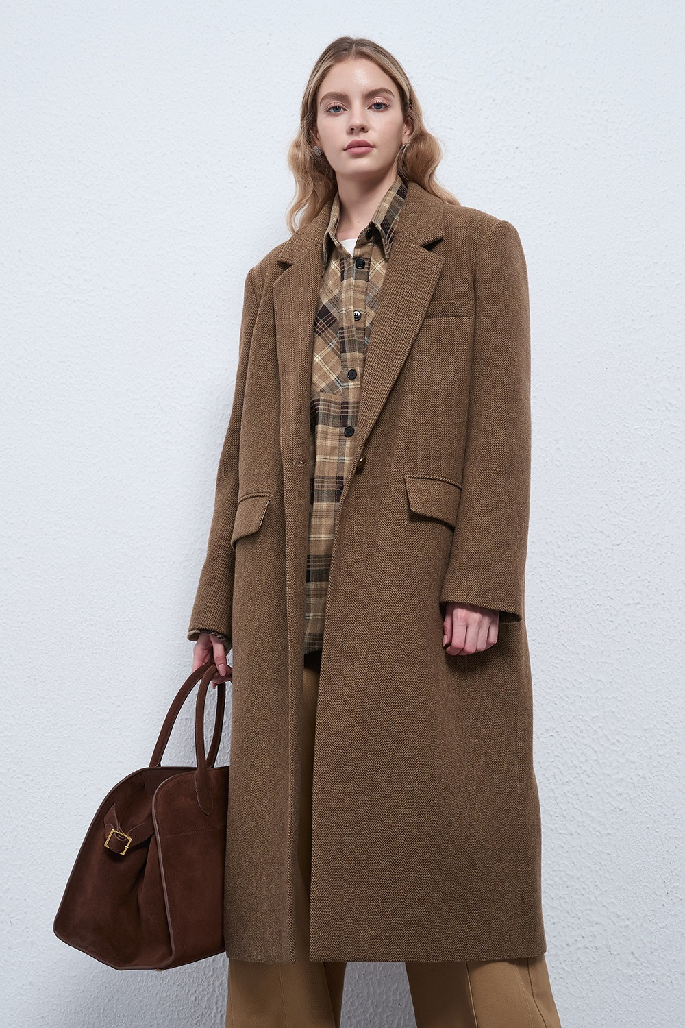 Wool Cashmere Herringbone Mid Long Thick Overcoat Main image