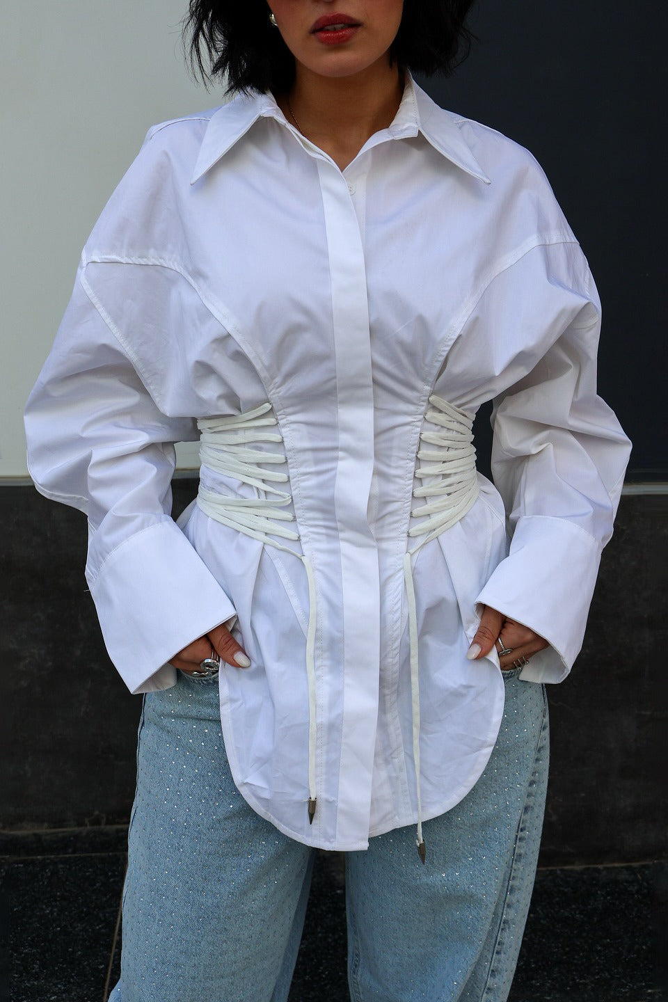 Double Ruched Tie Waist Slim Relaxed Fit Long Sleeve Blouse Main image