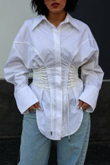 Double Ruched Tie Waist Slim Relaxed Fit Long Sleeve Blouse