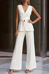 Solid V Neck Sleeveless Wide Leg Two Piece Set