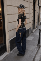 Sheer Polka Dot Mesh Crew Neck Long Sleeve Crop Top