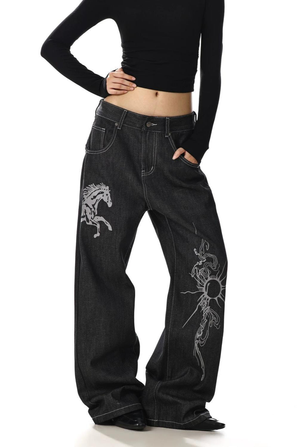 Horse Print Vintage Wide Leg Streetwear Jeans