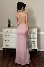 Asymmetrical Neck Satin Cowl Mermaid Gown Silk Dress