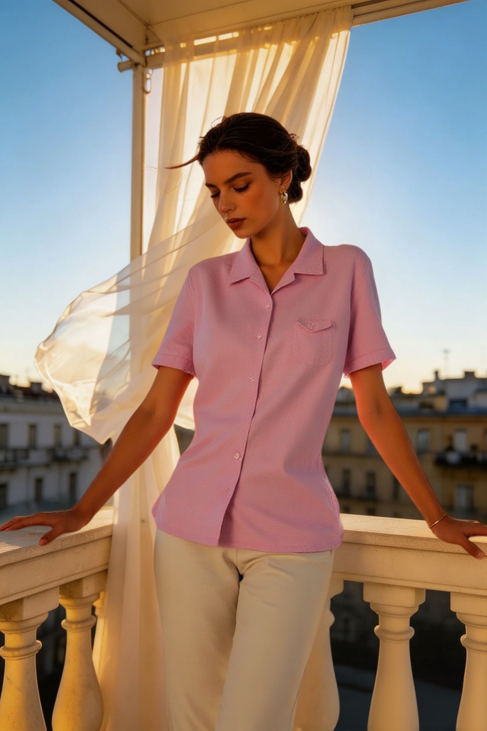 Linen Camp Collar Short Sleeve Blouse Main image