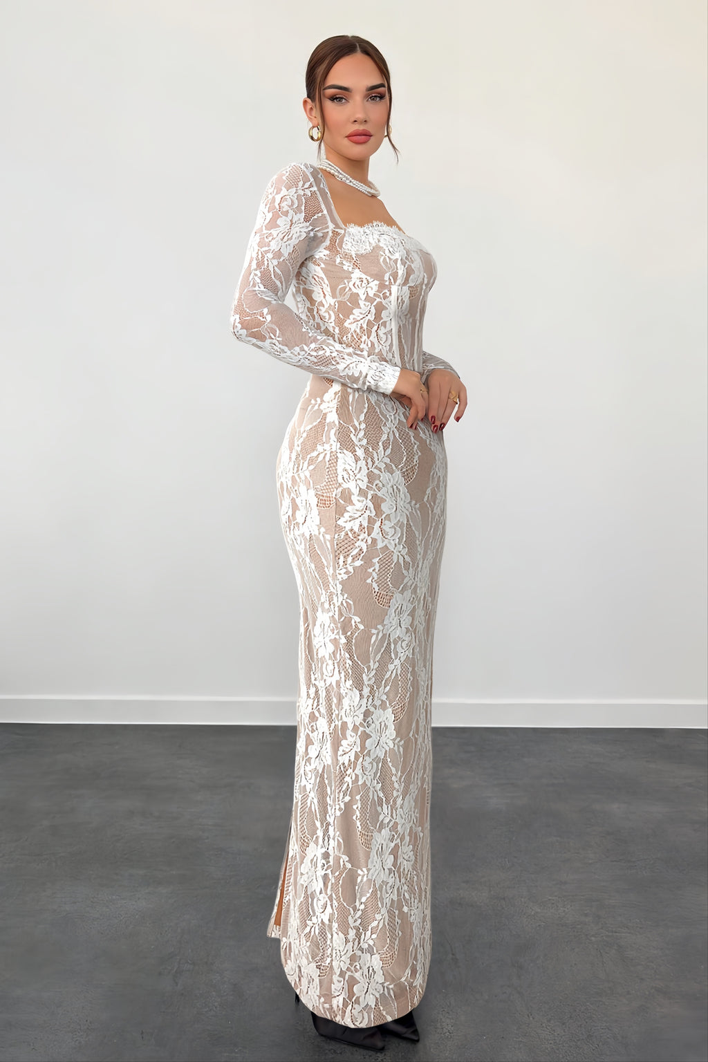 Square Neck Lace Long Sleeve Maxi Dress