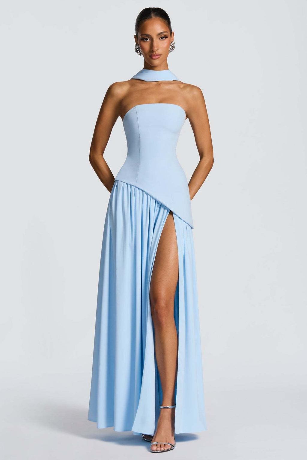Strapless Contrast Panel High Slit Party Dress