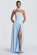 Strapless Contrast Panel High Slit Party Dress