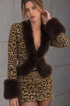 Leopard Print Shiny Fur Collar Patchwork Two Piece Set