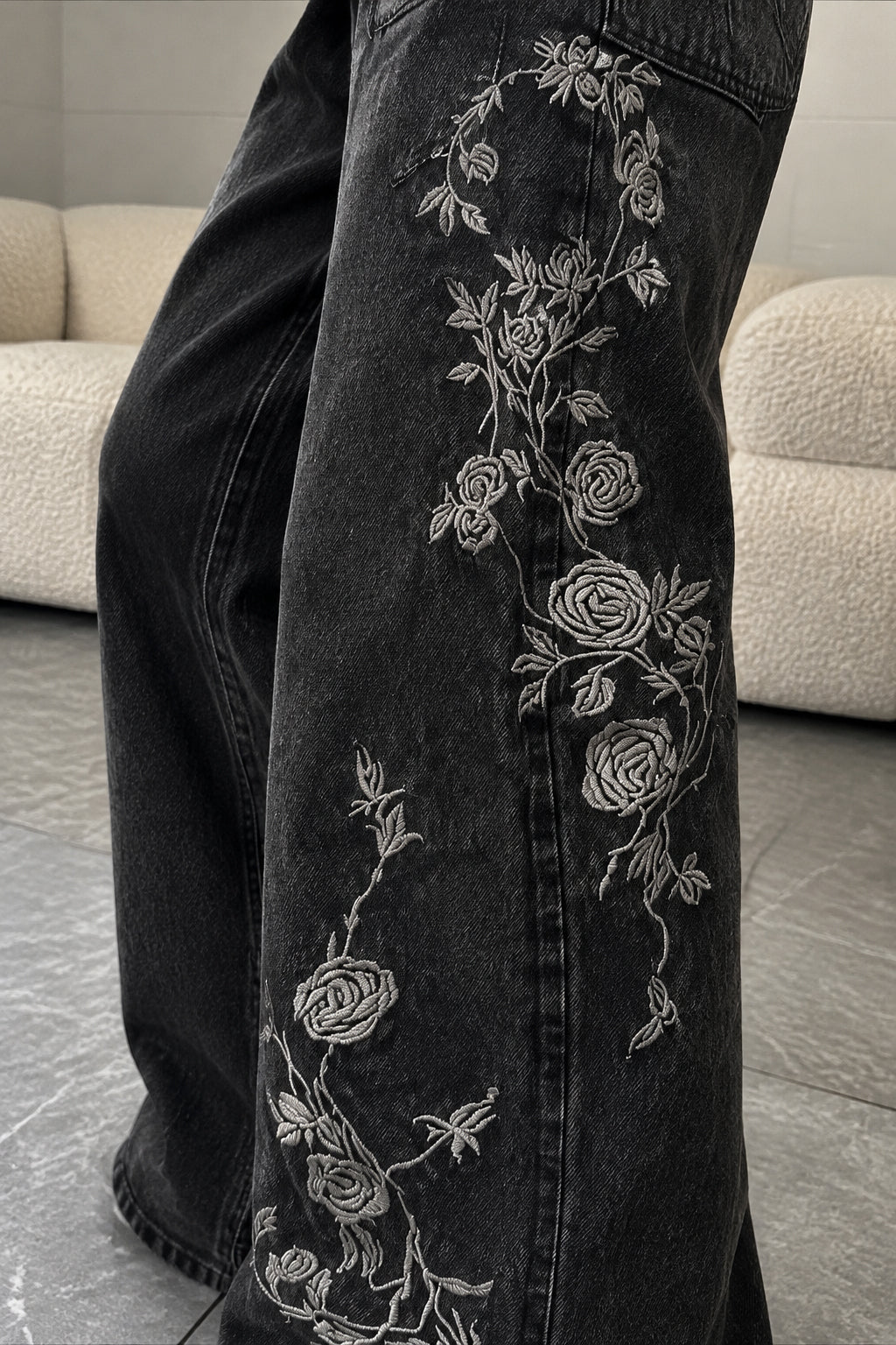 Floral Vine Embroidered Wide Leg Jeans